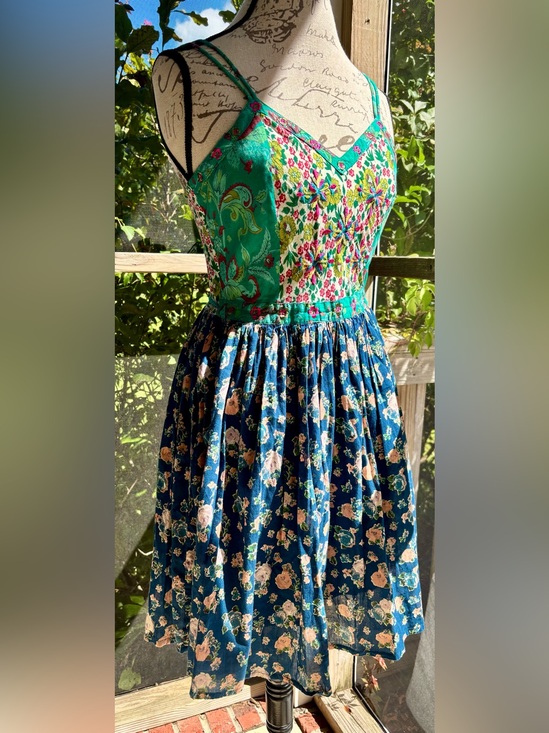 Patrons of Peace Dresses & Skirts - Patrons of Peace Teal and Navy Floral Patchwork Midi Dress